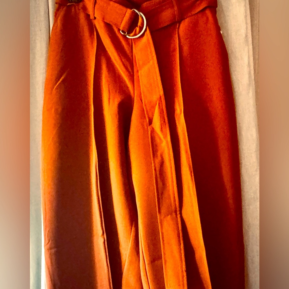 Wide Leg Belted Dress Pants- Rust